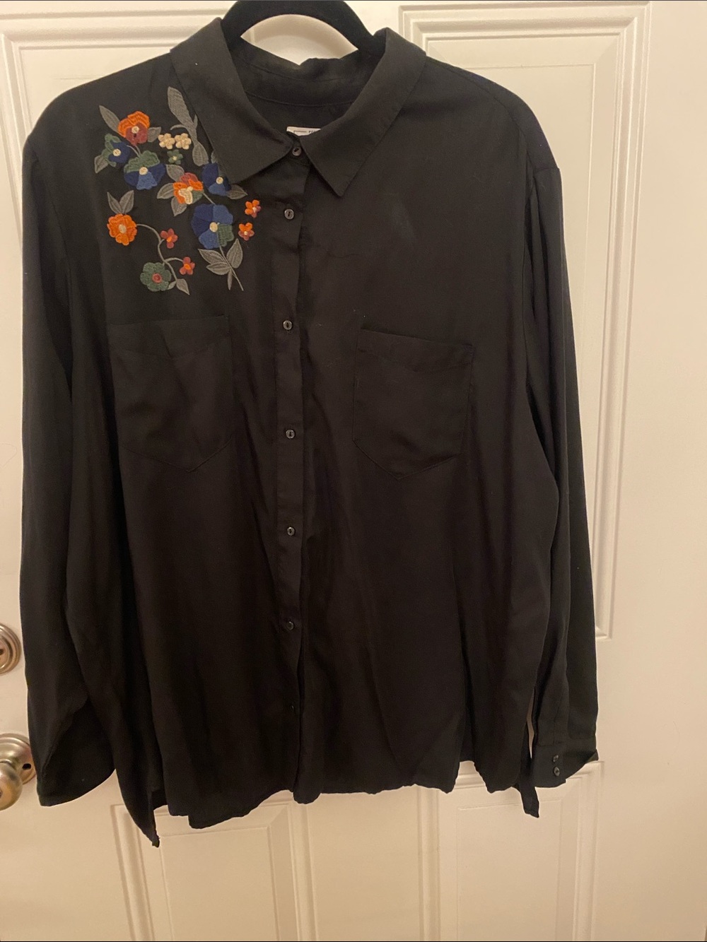Black Button-Up Shirt with Colorful Floral Embroidery 2X
